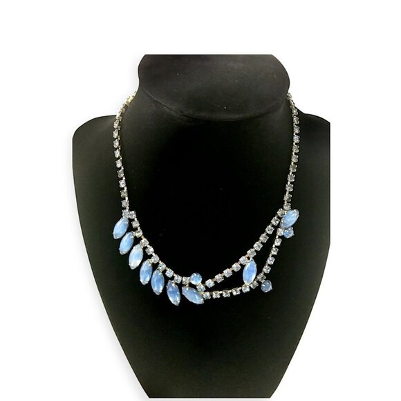 1950s Vintage Blue Moonglow Glass & Rhinestone Necklace - Picture 2 of 9